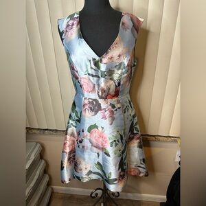 Shelby Nites Metalic Blue Hi/low Floral Sleeveless A-line Poplin Dress Size 10